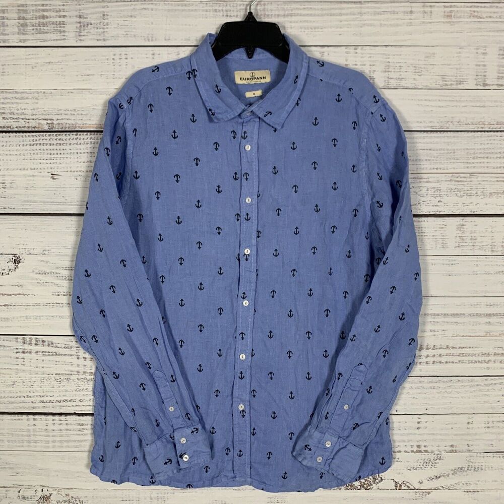 100% Linen Mens Button Up Shirt By Europann Sz (4) XL Long Sleeve Blue Nautical